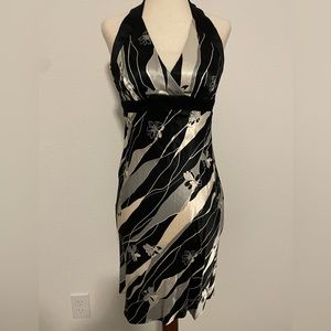 EUC Bebe Black Floral Halter Tie Surplice Dress Tropical Silver White XS